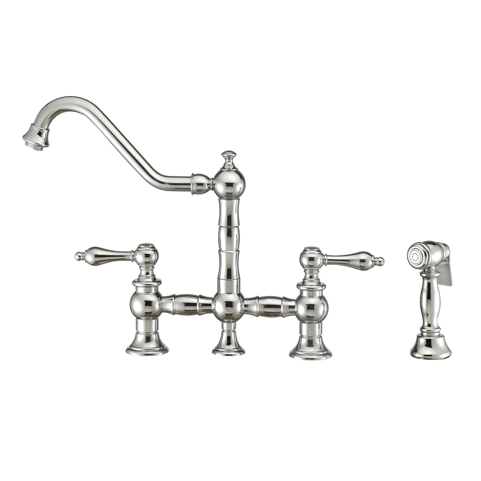 Bridge Faucet with Long Traditional Swivel Spout, Lever Handles and Solid Brass Side Spray