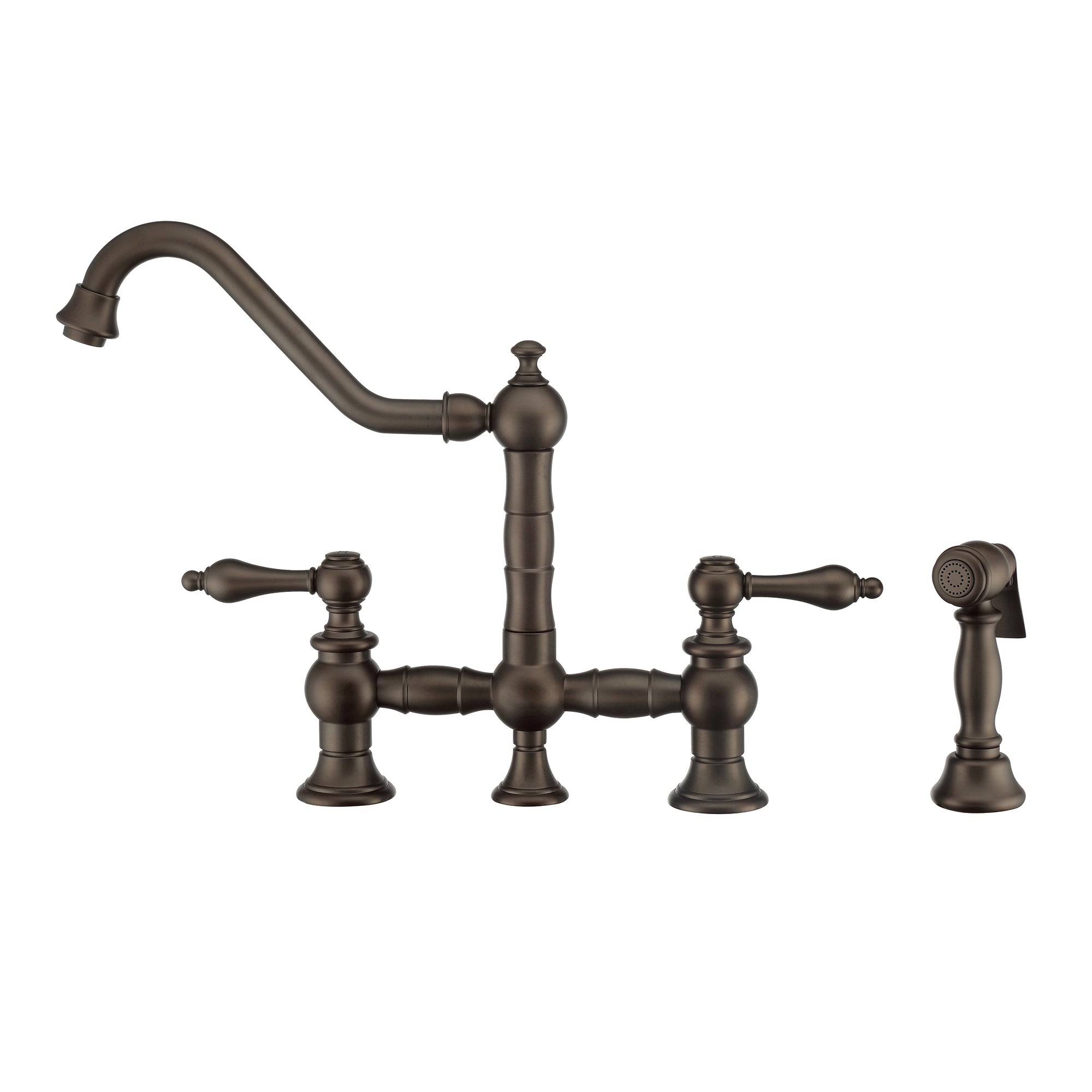 Bridge Faucet with Long Traditional Swivel Spout, Lever Handles and Solid Brass Side Spray