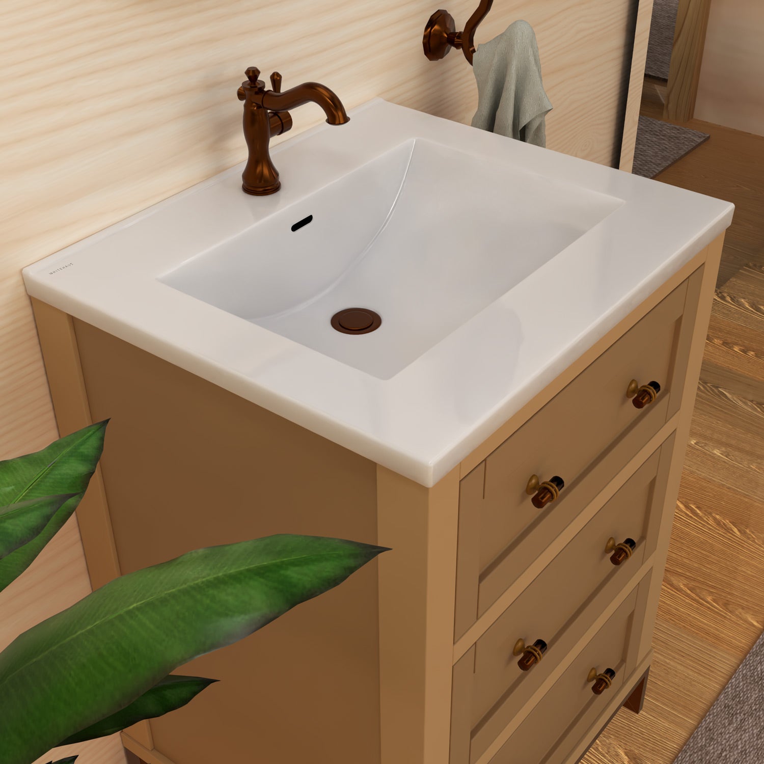 Countertop Vanity Sink with Integrated Rectangular Bowl, Faucet Drilling Options and Overflow