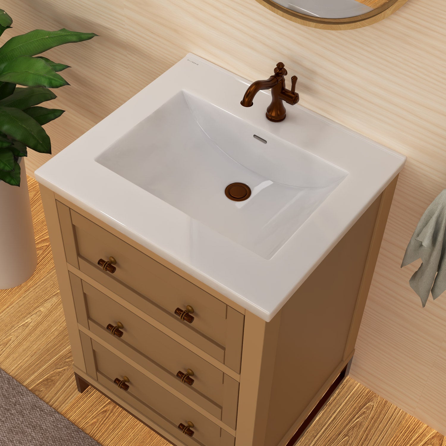 Countertop Vanity Sink with Integrated Rectangular Bowl, Faucet Drilling Options and Overflow