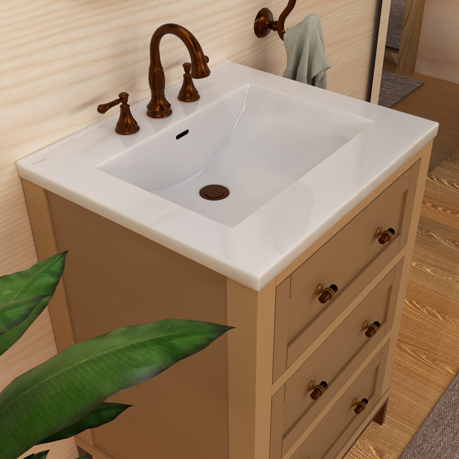 Countertop Vanity Sink with Integrated Rectangular Bowl, Faucet Drilling Options and Overflow