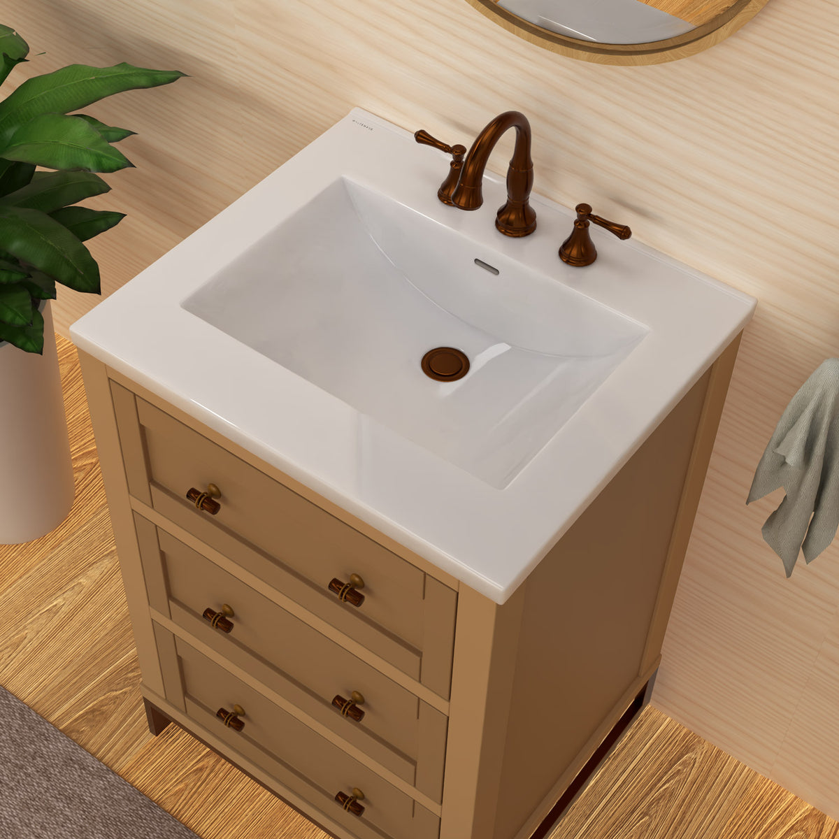 Countertop Vanity Sink with Integrated Rectangular Bowl, Faucet Drilling Options and Overflow