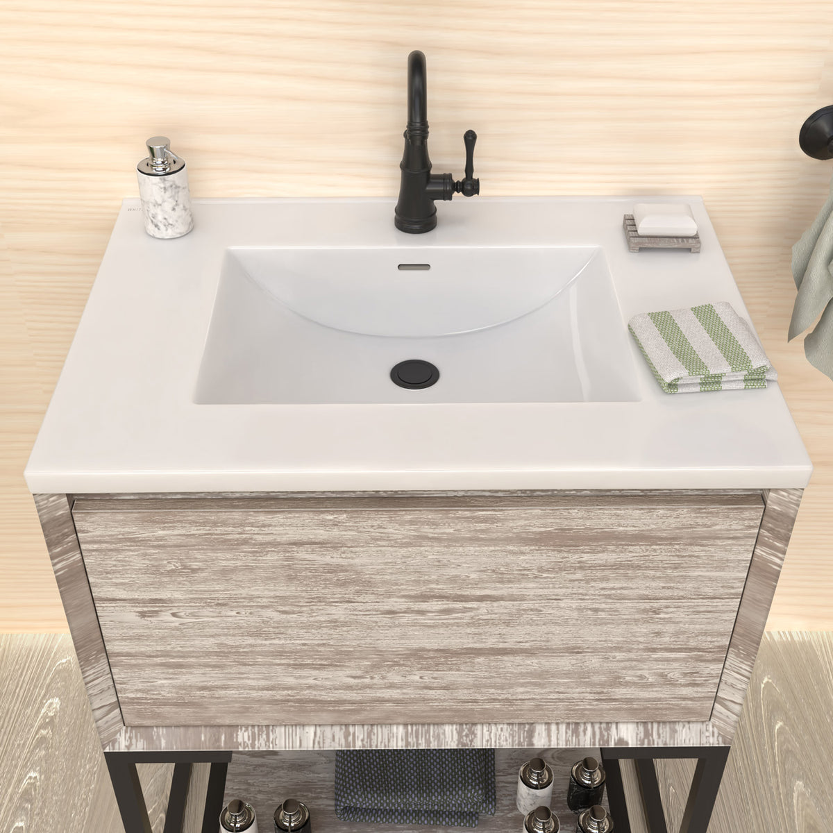 Countertop Vanity Sink with Integrated Rectangular Bowl, Faucet Drilling Options and Overflow