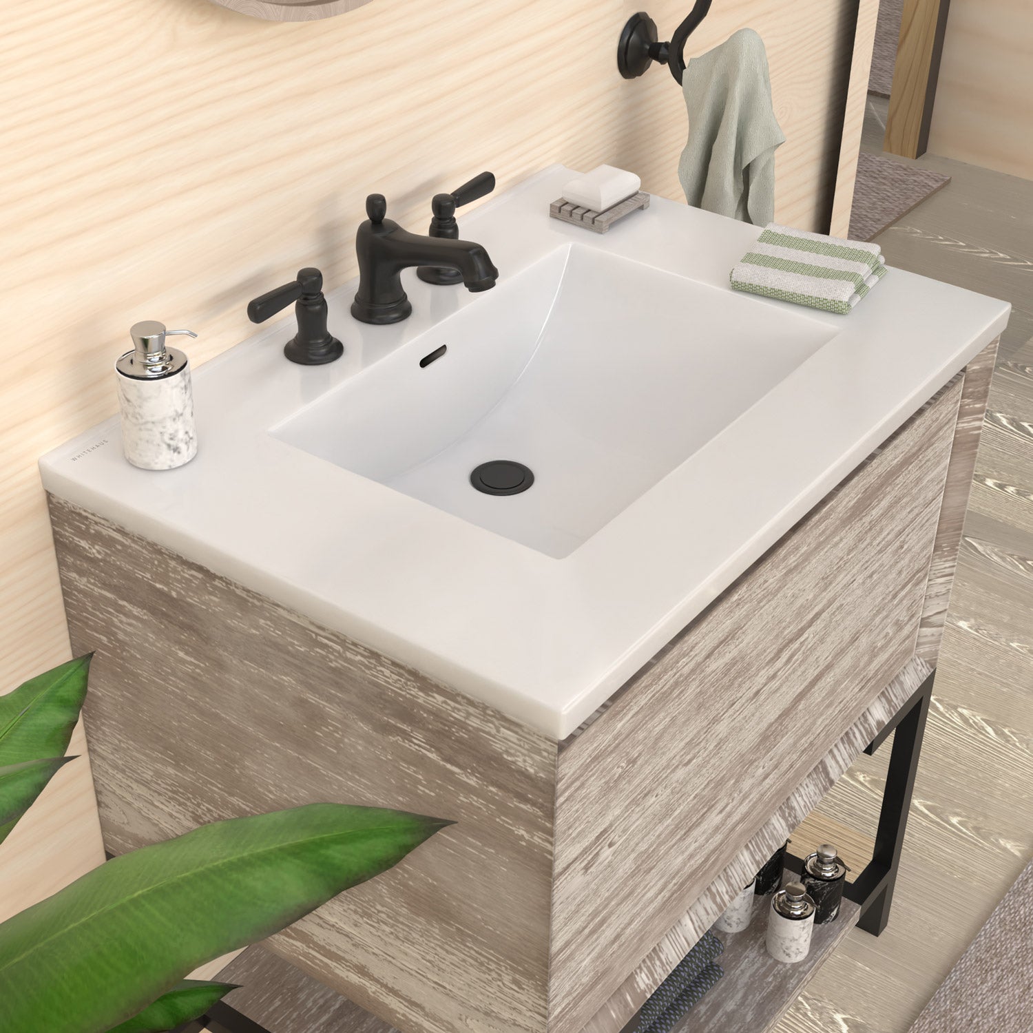 Countertop Vanity Sink with Integrated Rectangular Bowl, Faucet Drilling Options and Overflow