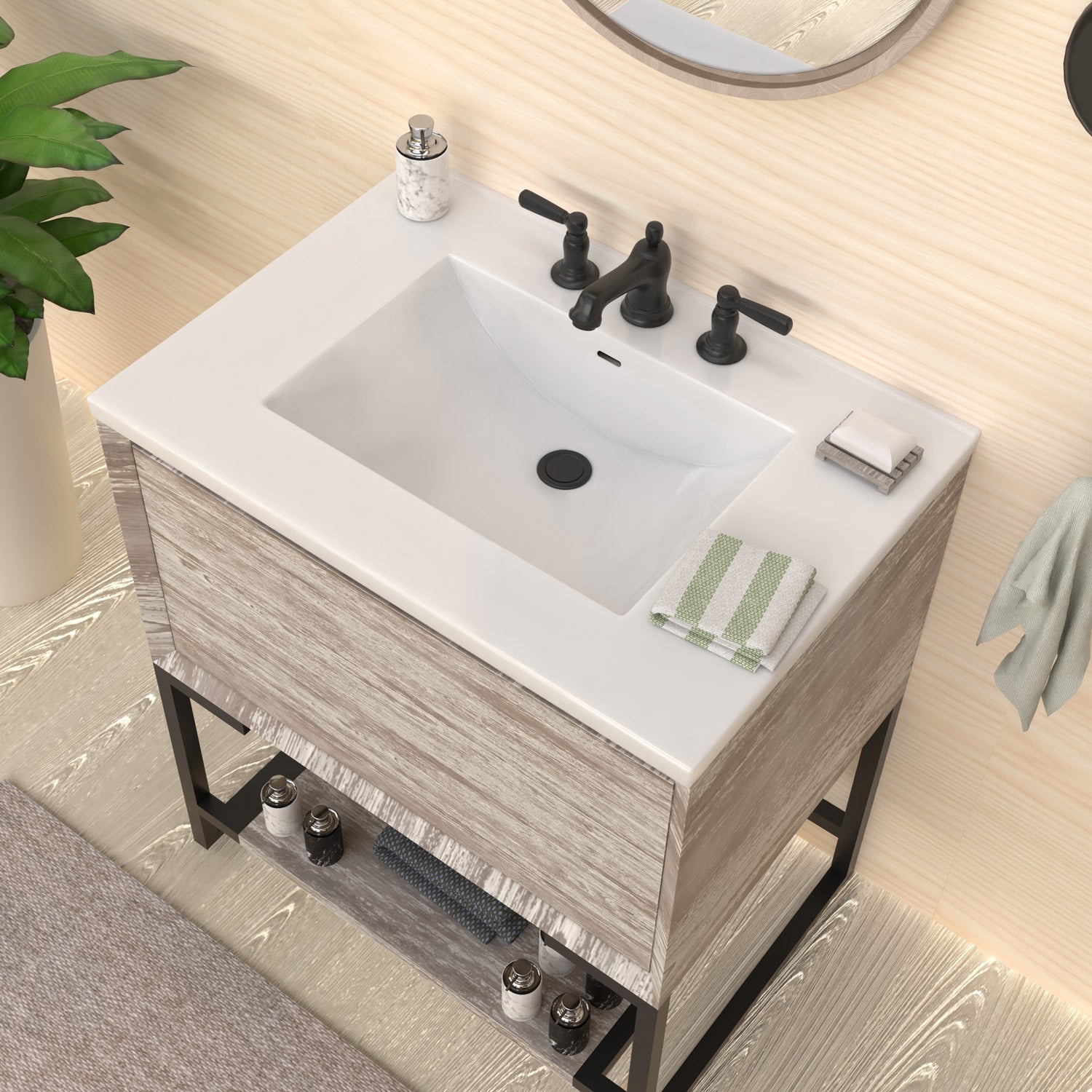 Countertop Vanity Sink with Integrated Rectangular Bowl, Faucet Drilling Options and Overflow