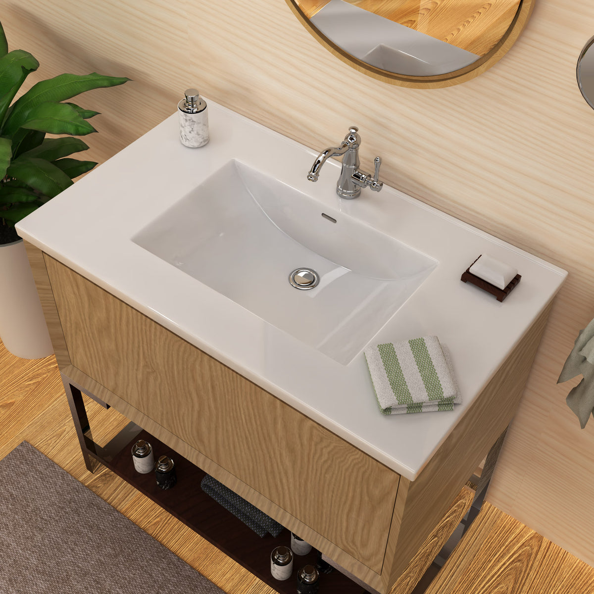 Countertop Vanity Sink with Integrated Rectangular Bowl, Faucet Drilling Options and Overflow