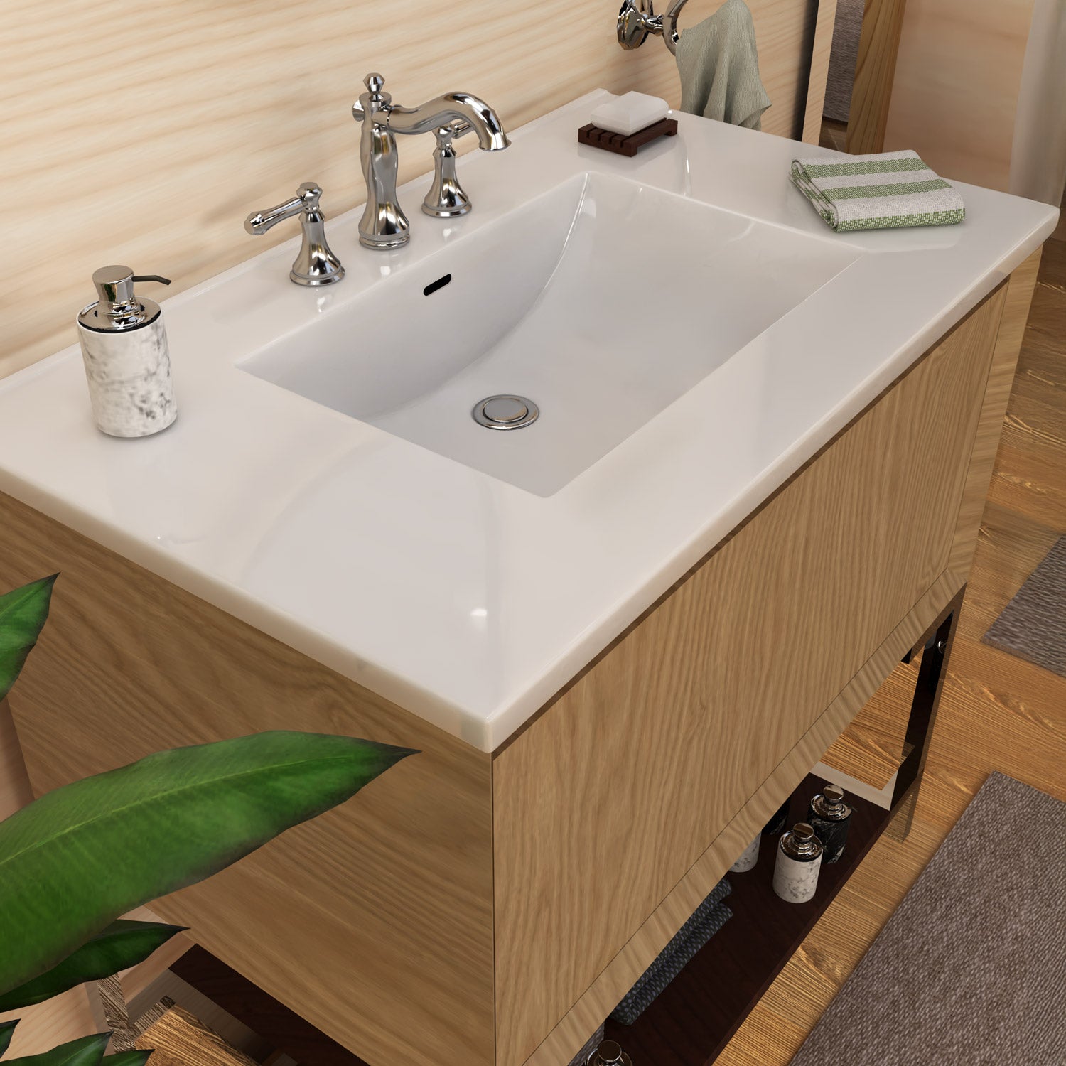 Countertop Vanity Sink with Integrated Rectangular Bowl, Faucet Drilling Options and Overflow