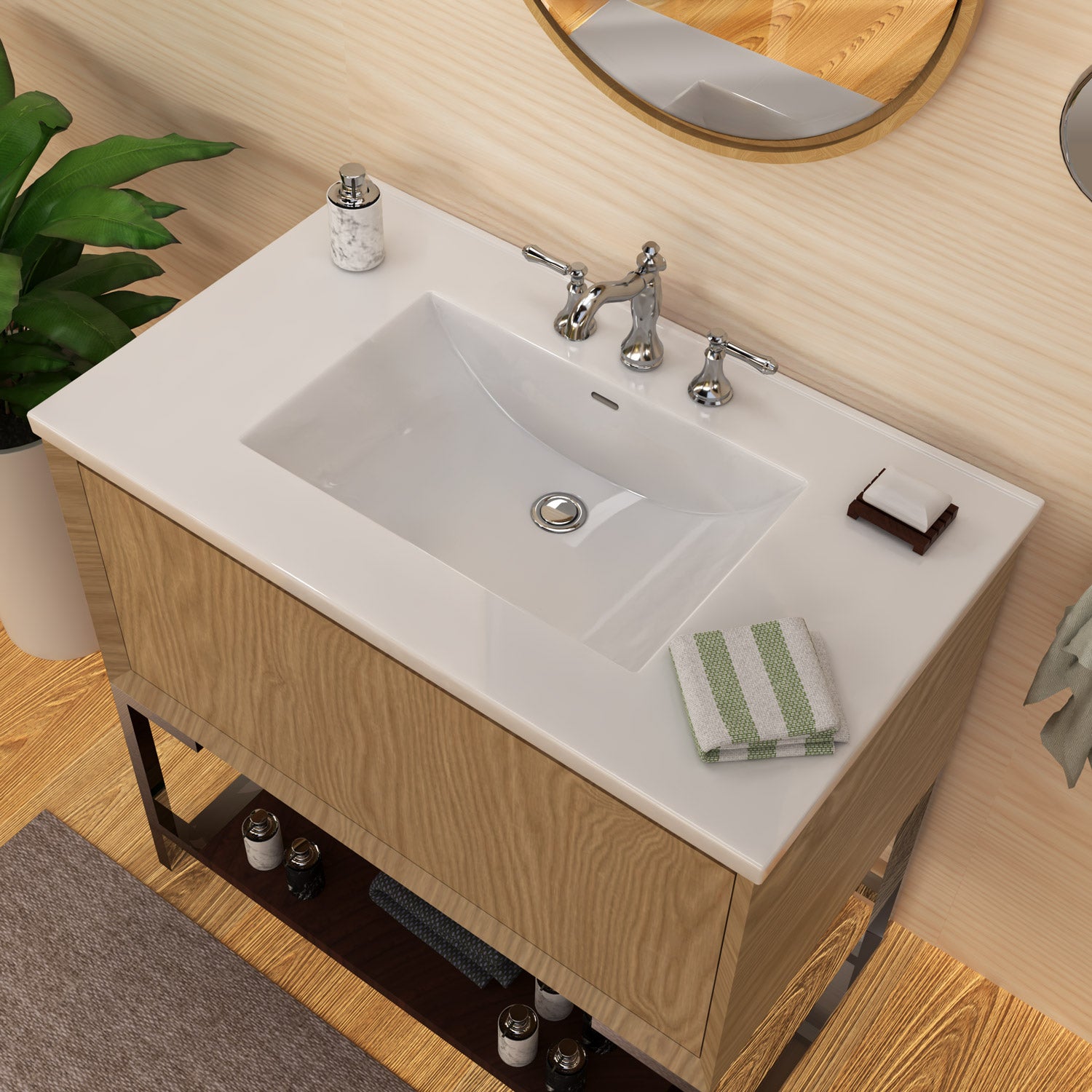 Countertop Vanity Sink with Integrated Rectangular Bowl, Faucet Drilling Options and Overflow