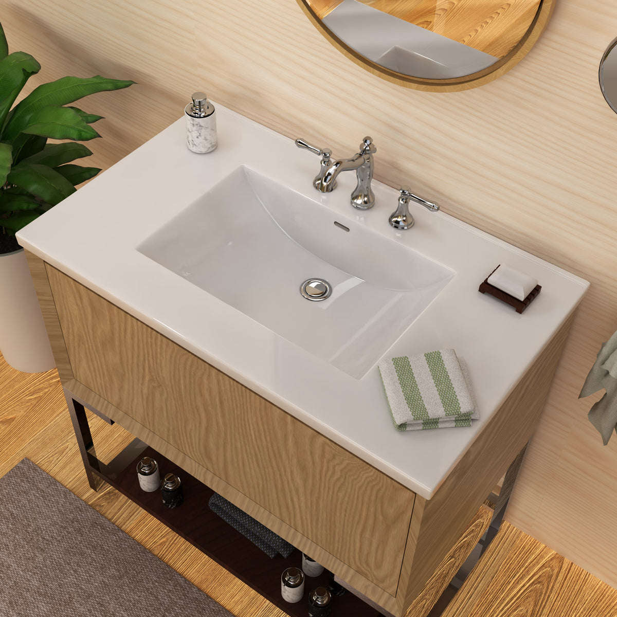 Countertop Vanity Sink with Integrated Rectangular Bowl, Faucet Drilling Options and Overflow