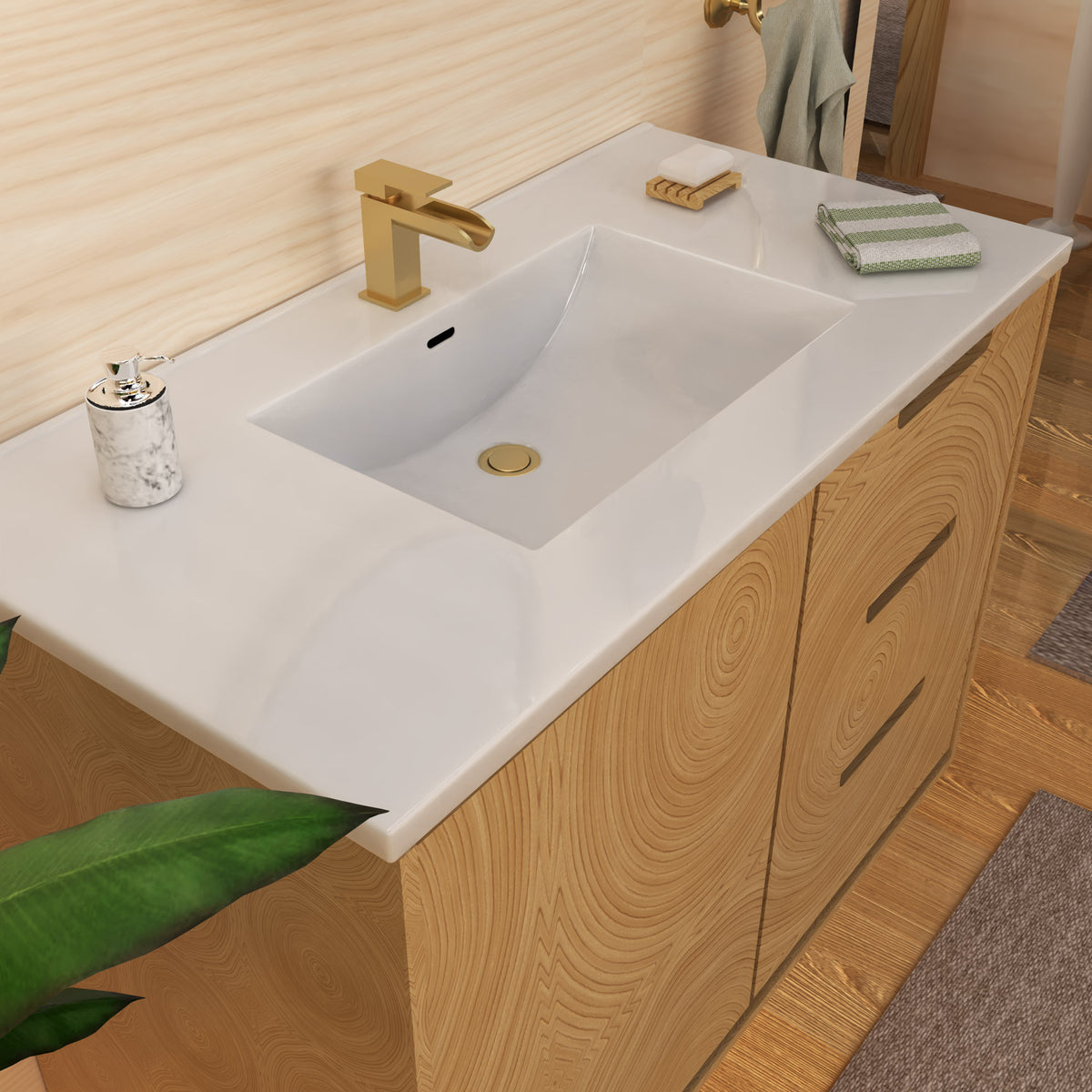 Countertop Vanity Sink with Integrated Rectangular Bowl, Faucet Drilling Options and Overflow