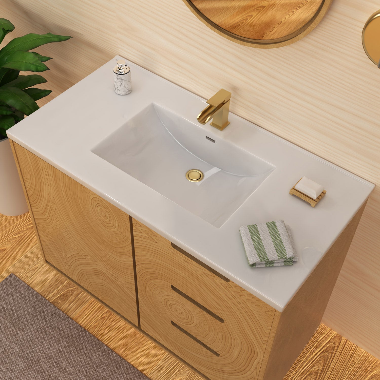 Countertop Vanity Sink with Integrated Rectangular Bowl, Faucet Drilling Options and Overflow