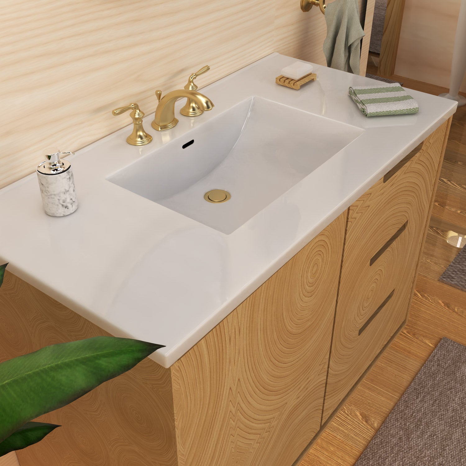 Countertop Vanity Sink with Integrated Rectangular Bowl, Faucet Drilling Options and Overflow