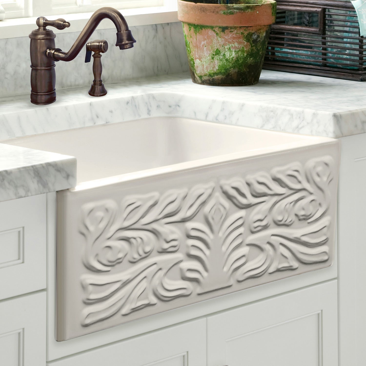 30" Reversible Single Bowl Fireclay Kitchen Sink: Roman Floral, Fluted Front Apron