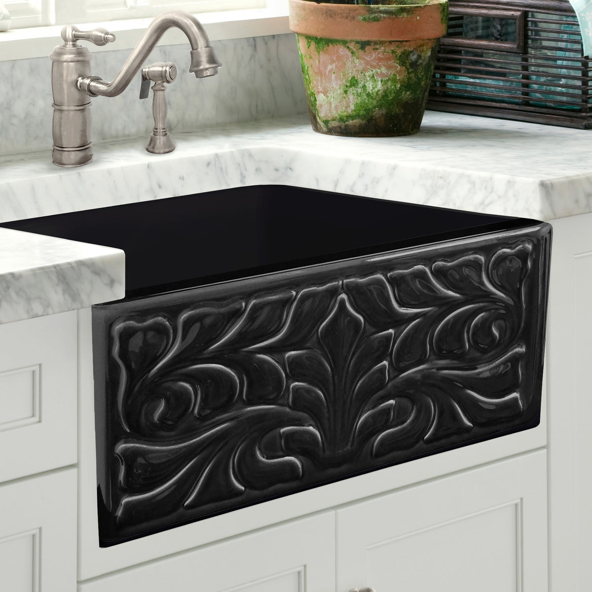 30&quot; Reversible Single Bowl Fireclay Kitchen Sink: Roman Floral, Fluted Front Apron