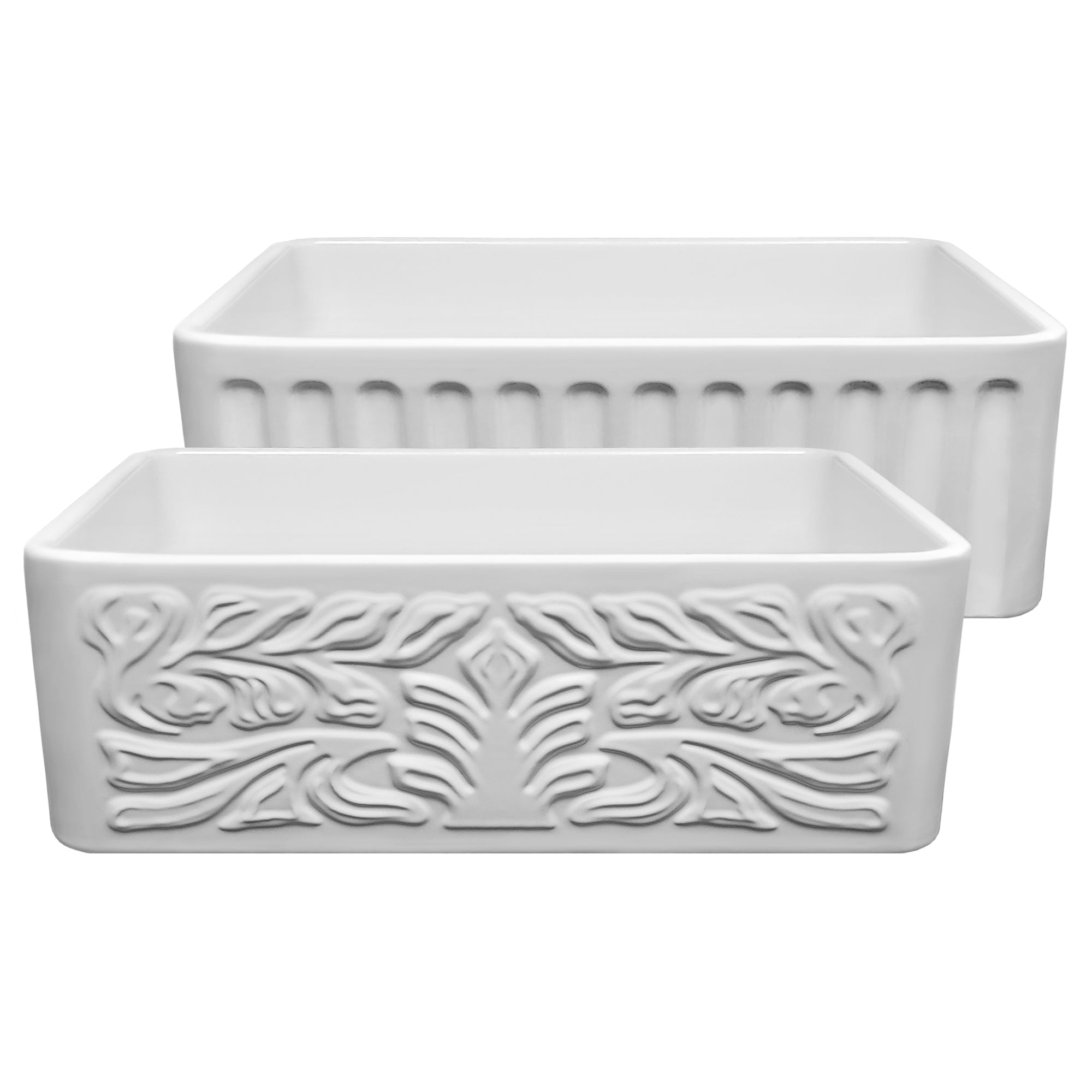 30" Reversible Single Bowl Fireclay Kitchen Sink: Roman Floral & Fluted front apron