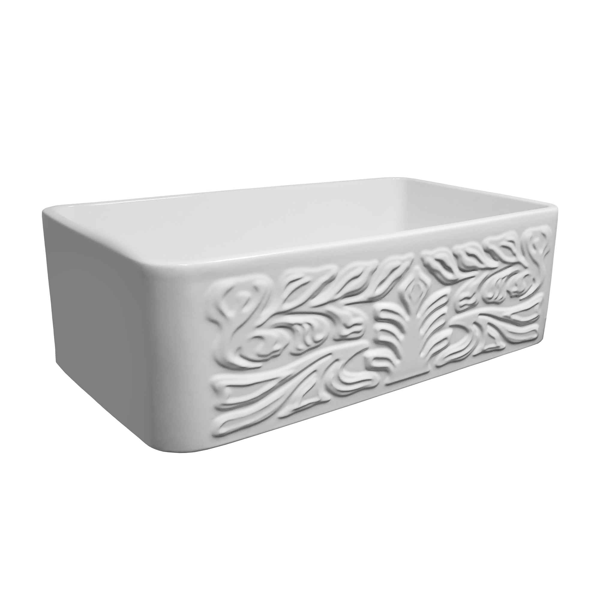 30" Reversible Single Bowl Fireclay Kitchen Sink: Roman Floral, Fluted Front Apron