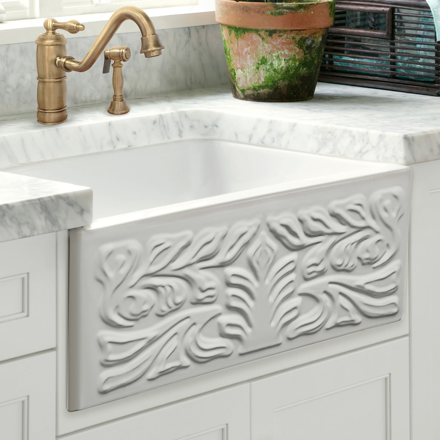 30" Reversible Single Bowl Fireclay Kitchen Sink: Roman Floral, Fluted Front Apron