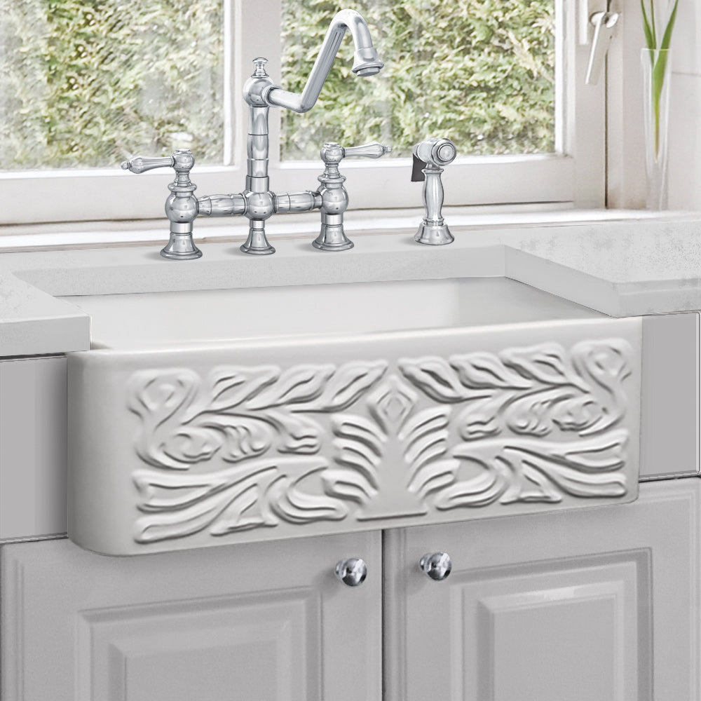 30&quot; Reversible Single Bowl Fireclay Kitchen Sink: Roman Floral, Fluted Front Apron
