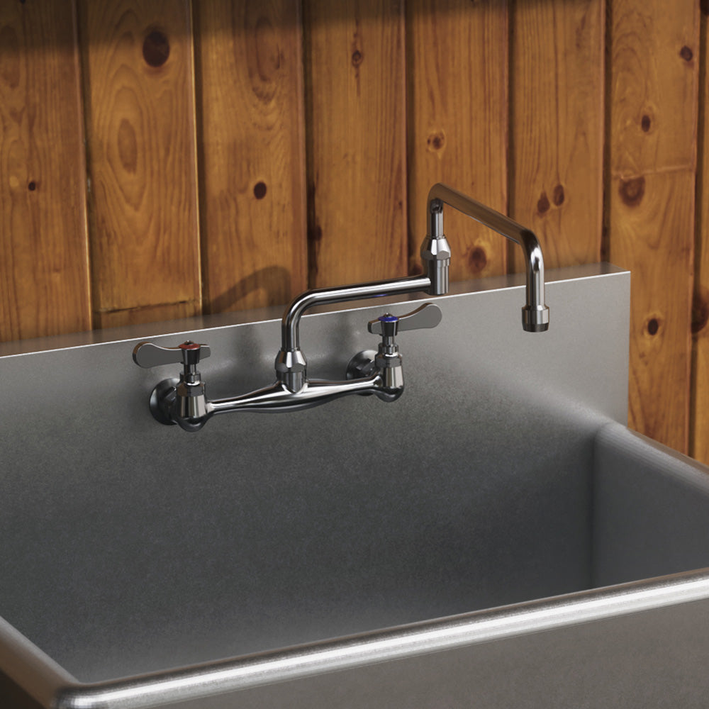 Solid brass wall mount utility faucet with double jointed retractable swing spout and lever handles