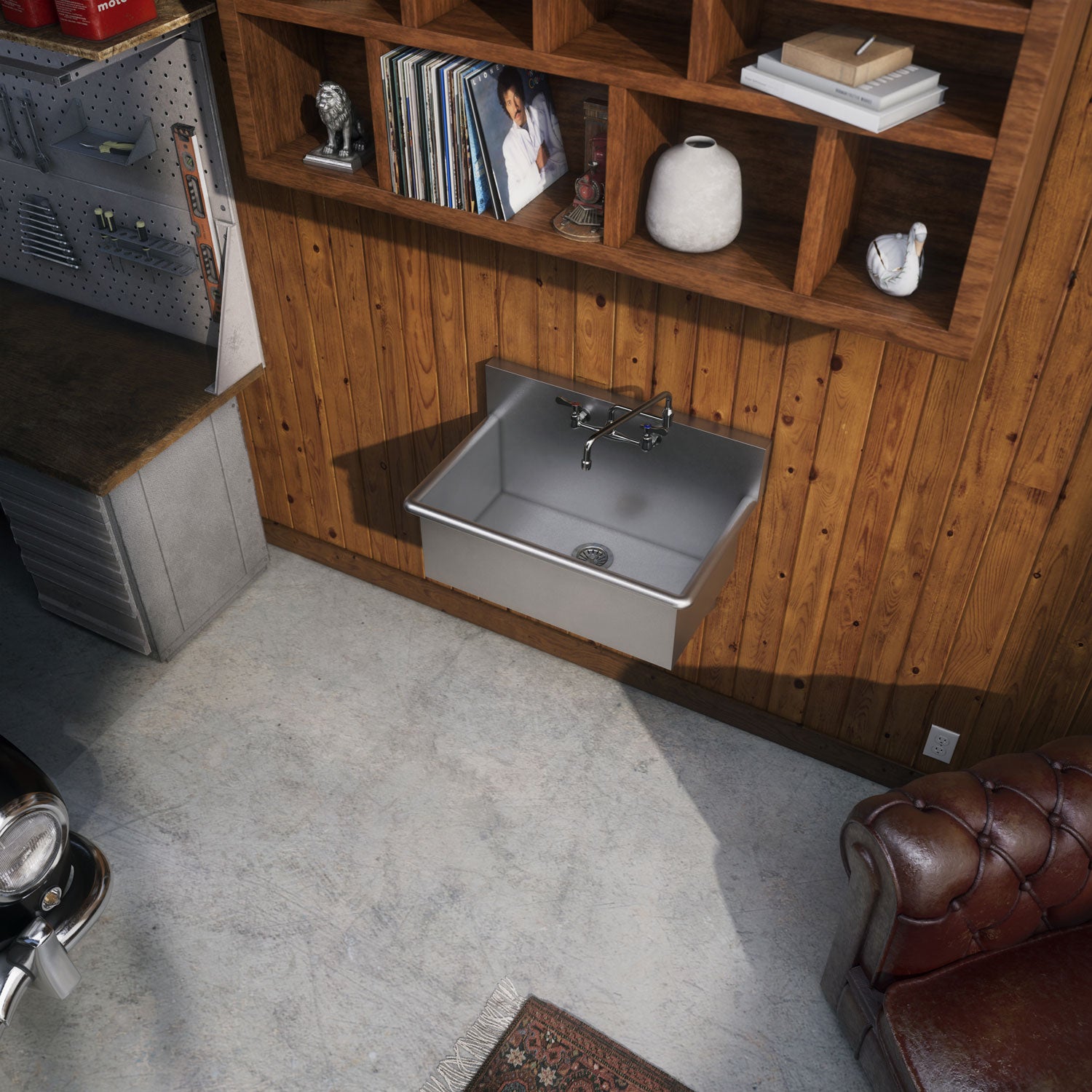 Solid brass wall mount utility faucet with double jointed retractable swing spout and lever handles