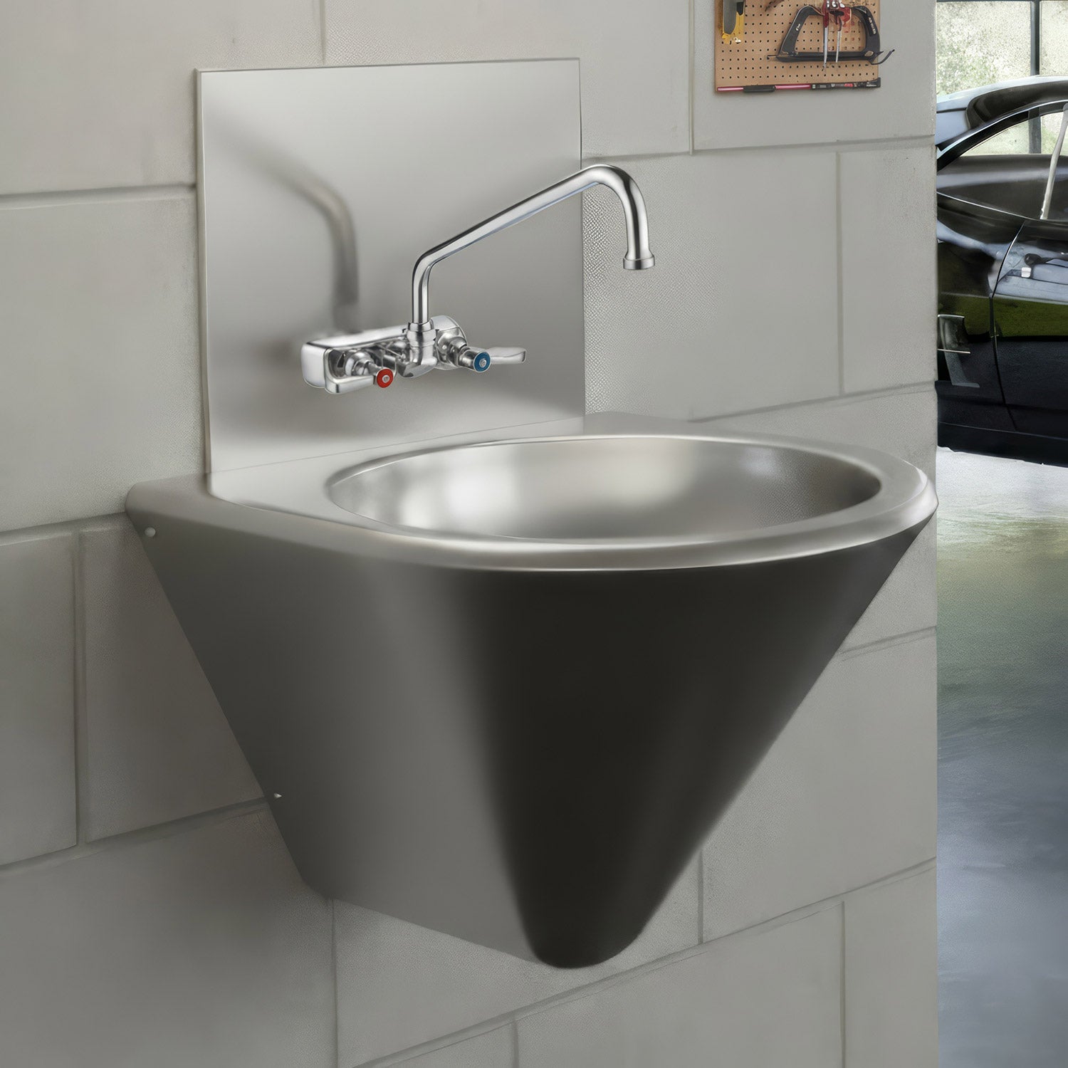Solid brass wall mount utility faucet with extended swivel spout and lever handles