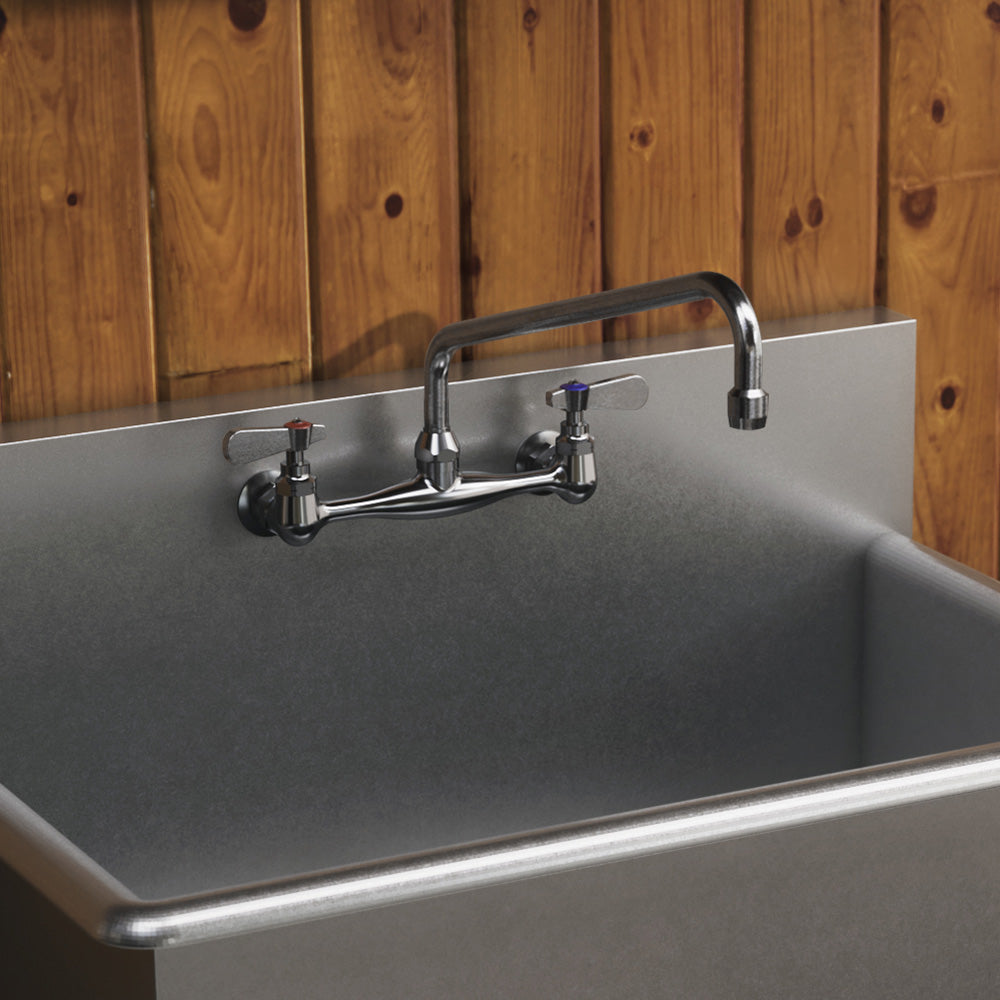 Solid brass wall mount utility faucet with an extended swivel spout and lever handles