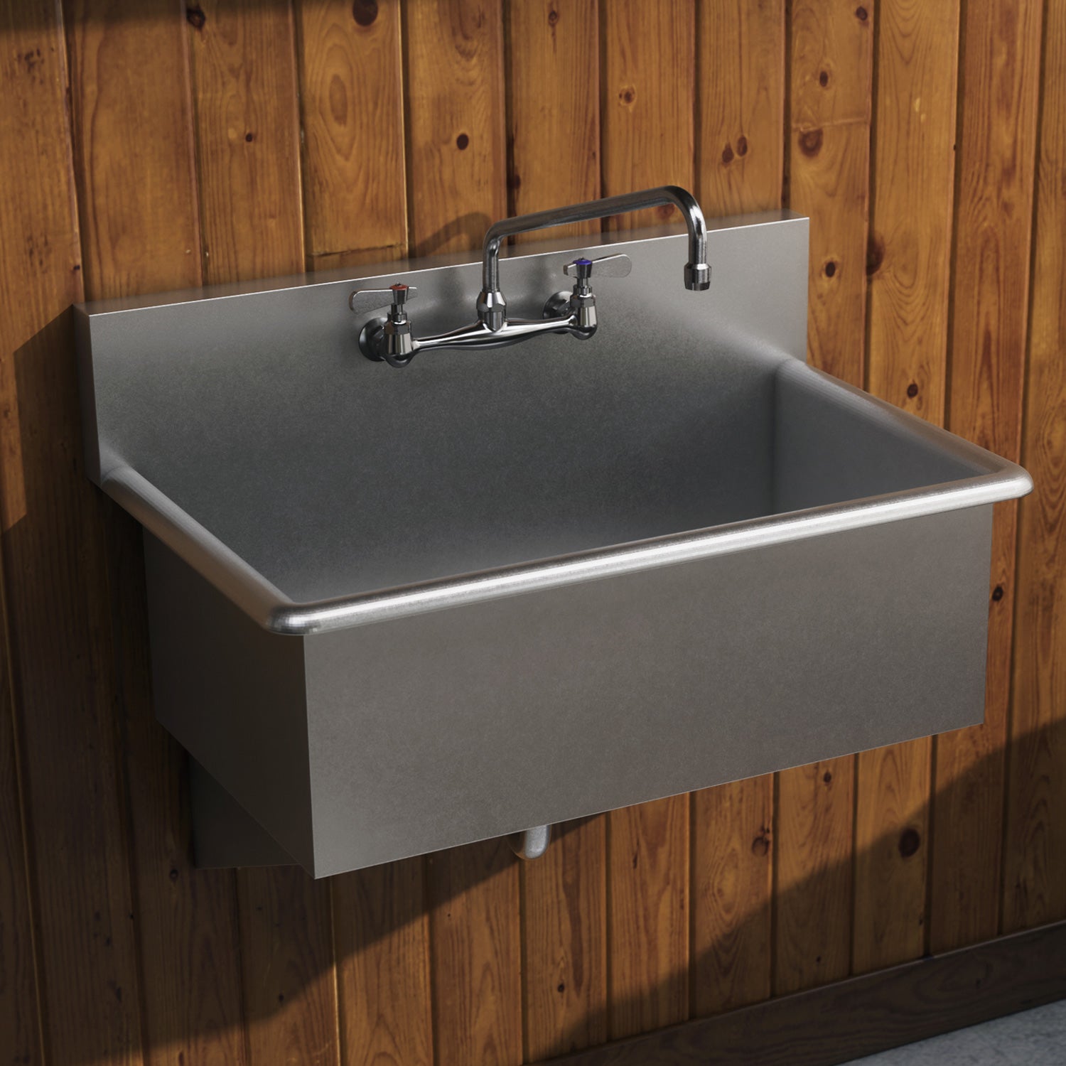 Solid brass wall mount utility faucet with an extended swivel spout and lever handles