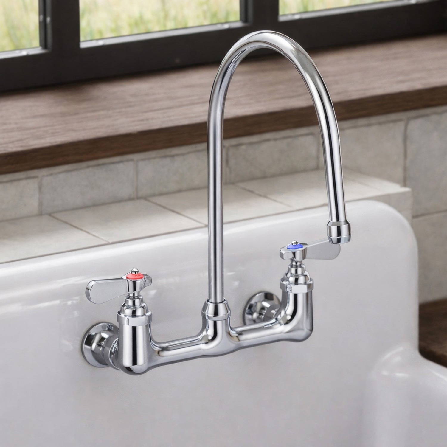 Solid brass wall mount utility faucet with gooseneck swivel spout and lever handles