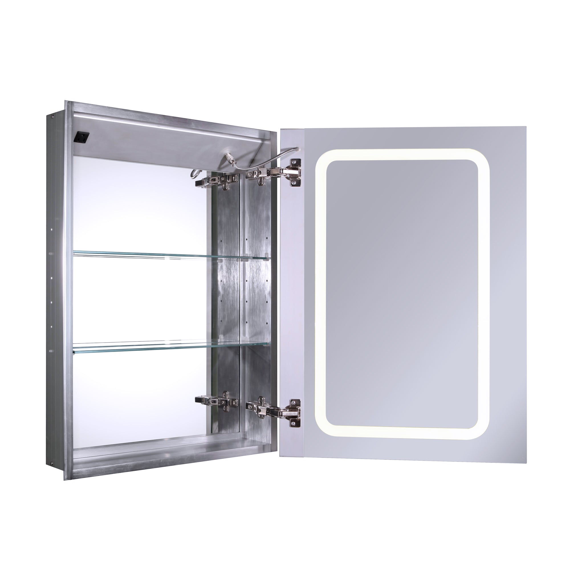 Anodized aluminum recessed single mirrored door medicine cabinet with outlet and led power dimmer