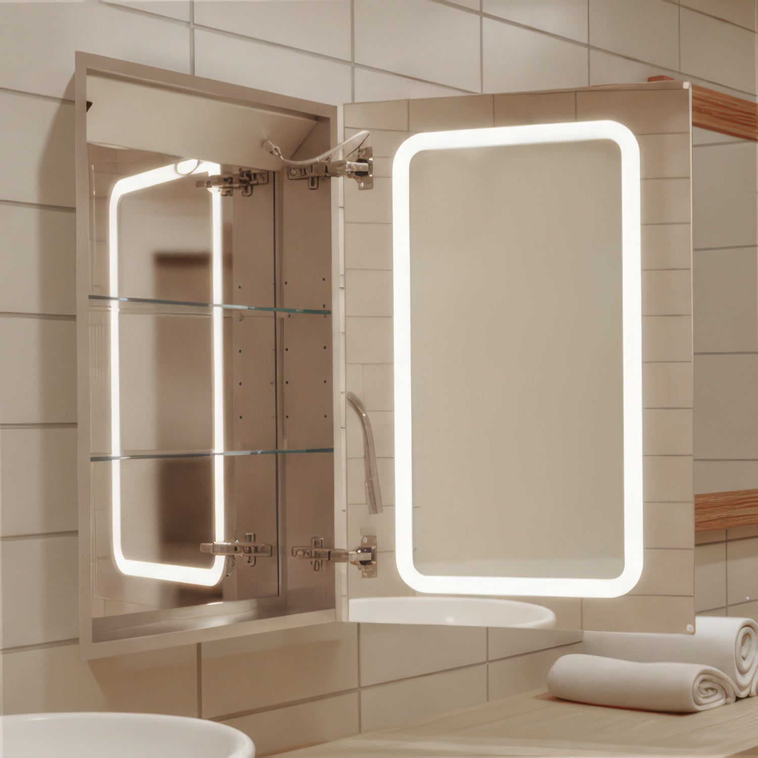 Anodized aluminum recessed single mirrored door medicine cabinet with outlet and led power dimmer