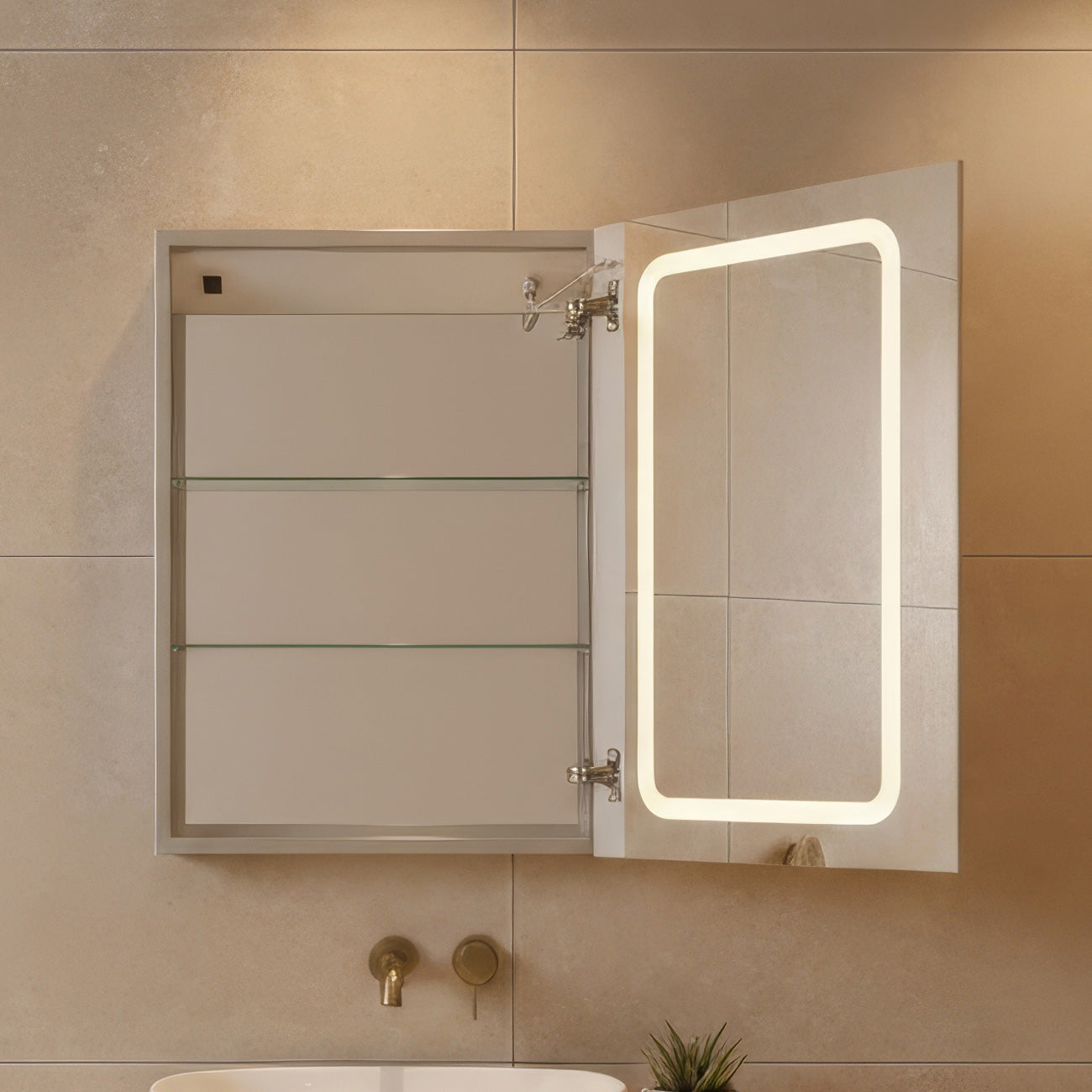 Anodized aluminum recessed single mirrored door medicine cabinet with outlet and led power dimmer