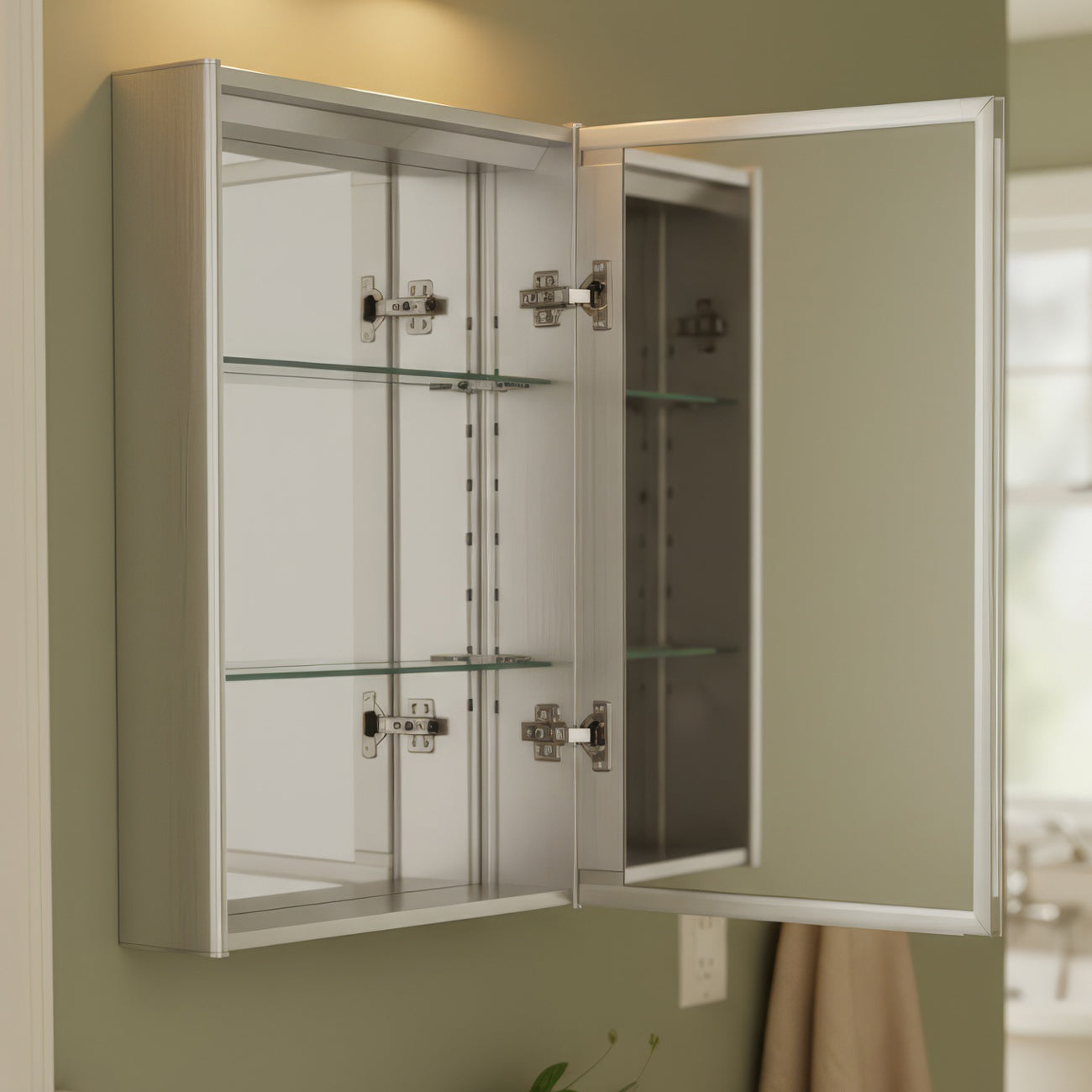 Anodized aluminum surface mount single mirrored door medicine cabinet