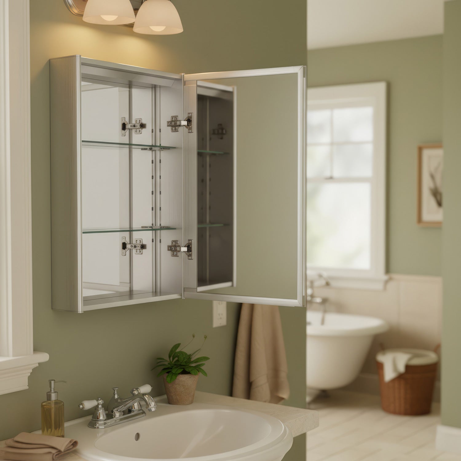 Anodized aluminum surface mount single mirrored door medicine cabinet
