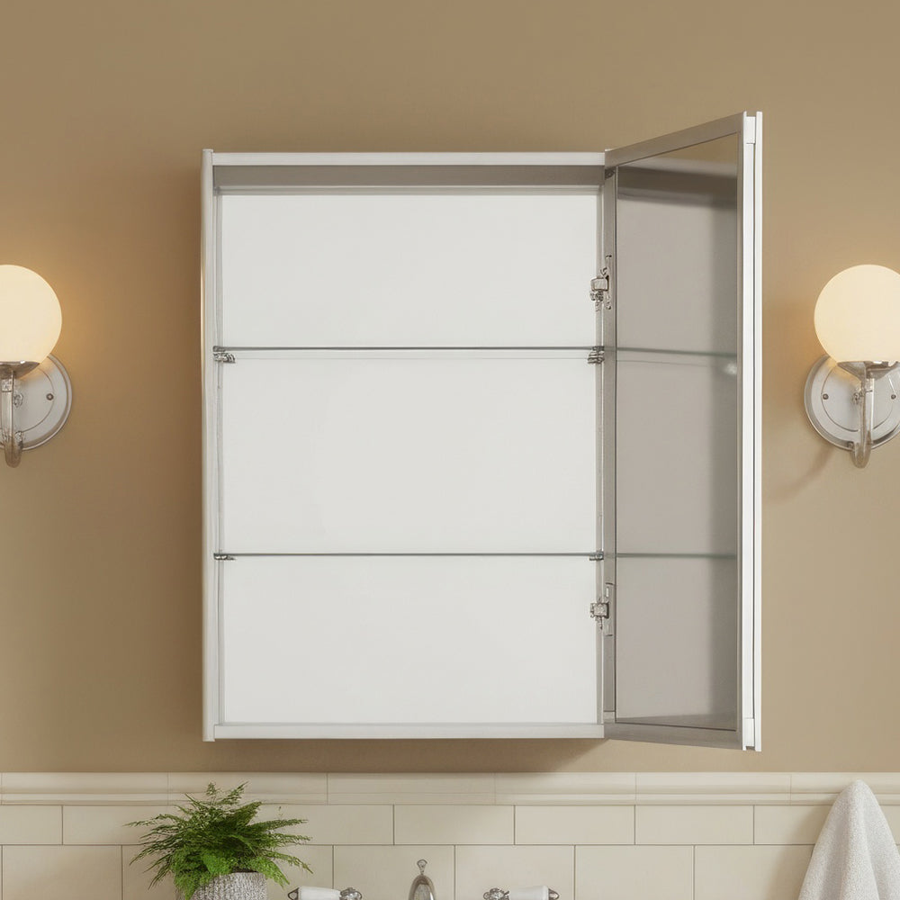 Anodized aluminum surface mount single mirrored door medicine cabinet
