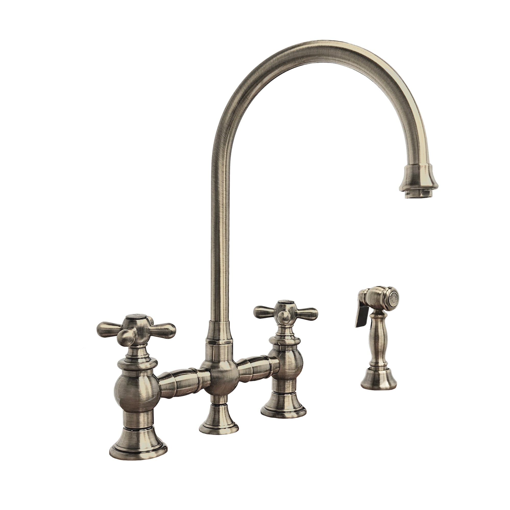 Bridge Faucet with Long Gooseneck Swivel Spout, Cross Handles and Solid Brass Side Spray