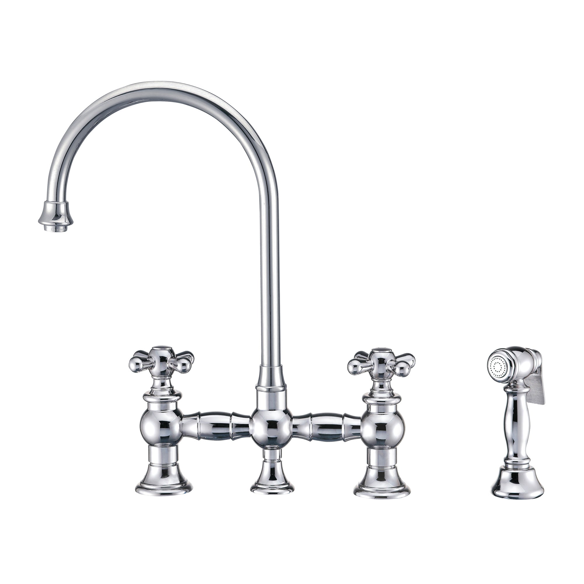 Bridge Faucet with Long Gooseneck Swivel Spout, Cross Handles and Solid Brass Side Spray