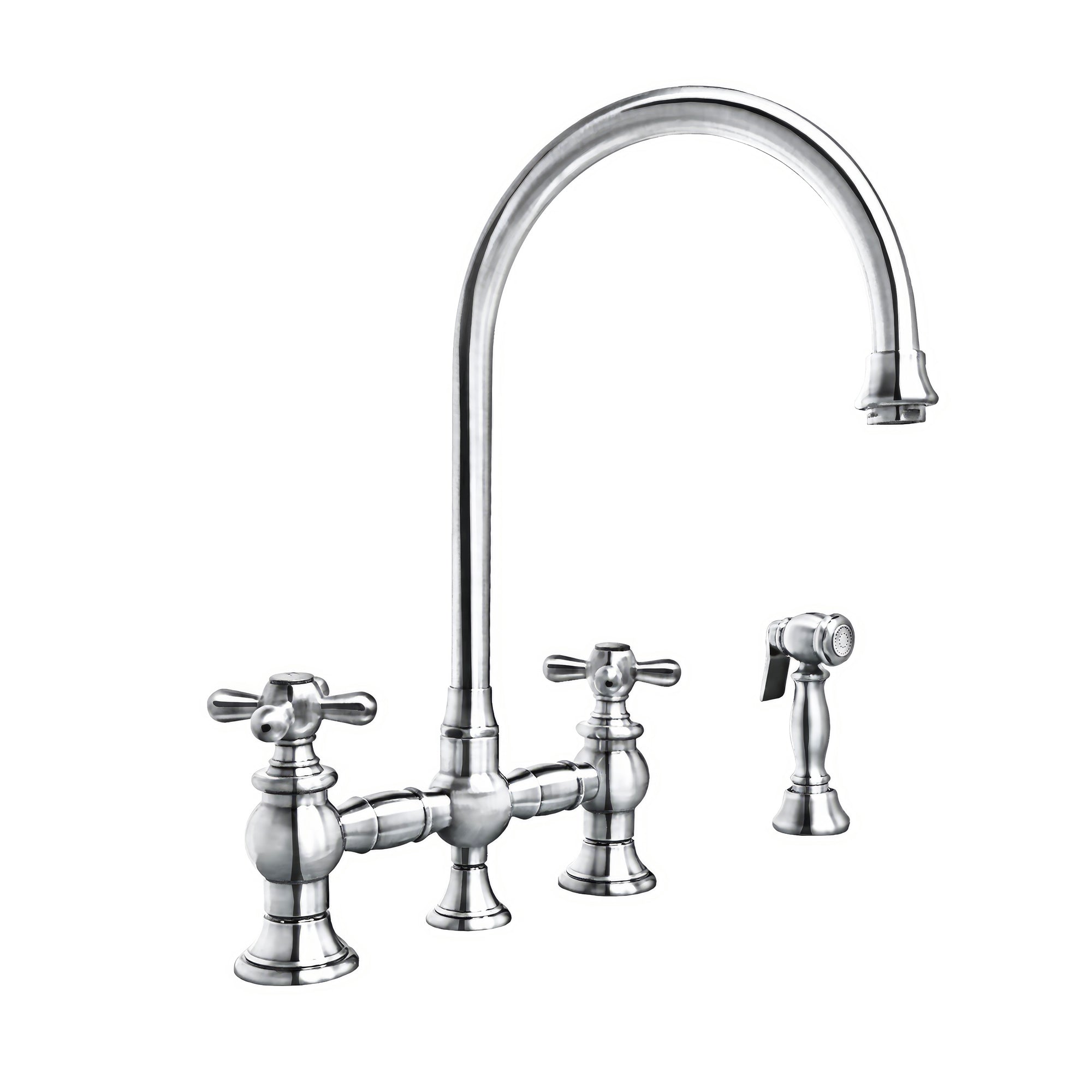 Bridge Faucet with Long Gooseneck Swivel Spout, Cross Handles and Solid Brass Side Spray