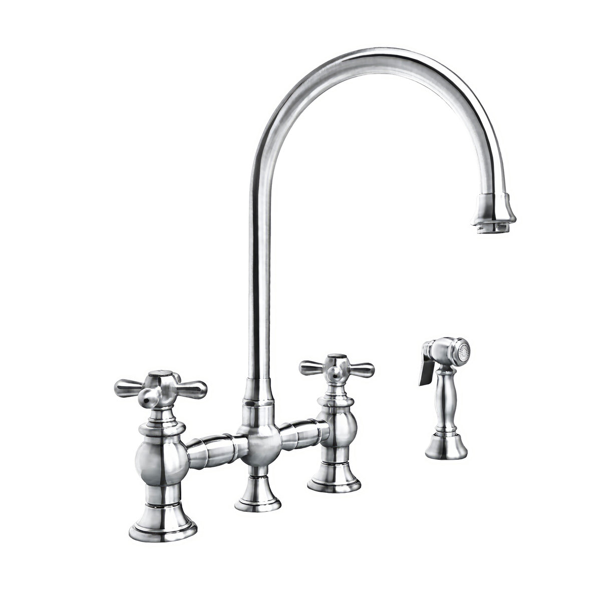 Bridge Faucet with Long Gooseneck Swivel Spout, Cross Handles and Solid Brass Side Spray