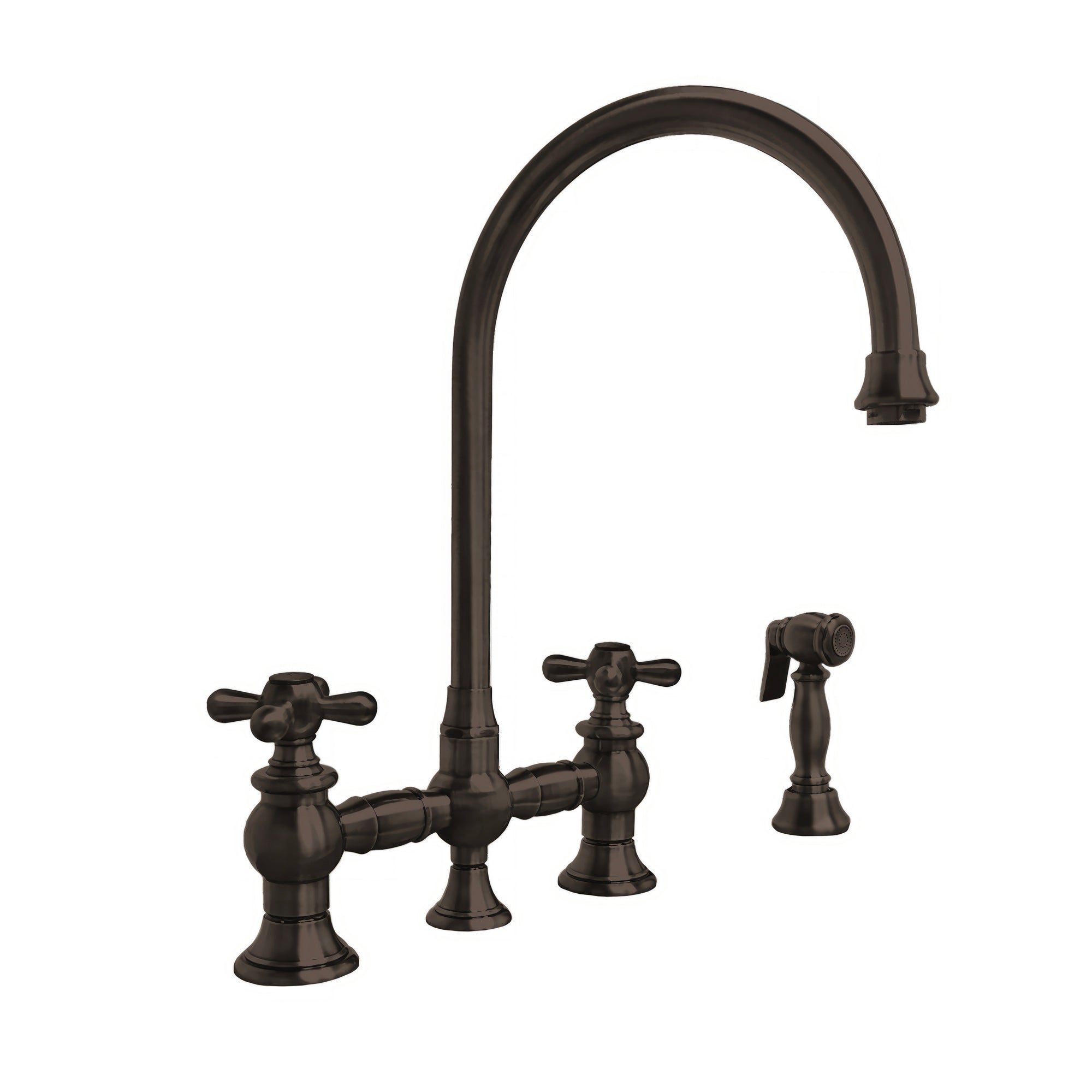 Bridge Faucet with Long Gooseneck Swivel Spout, Cross Handles and Solid Brass Side Spray
