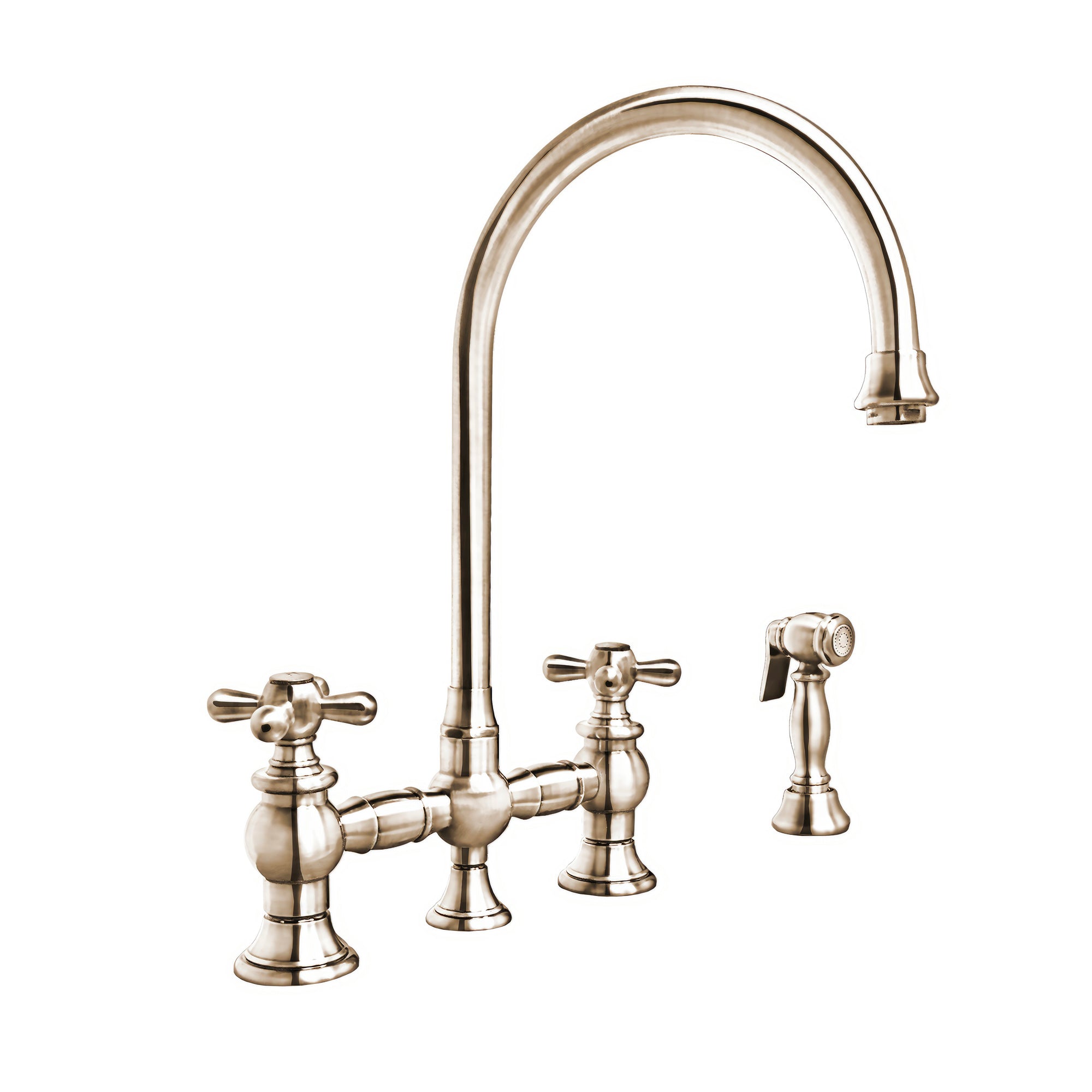 Bridge Faucet with Long Gooseneck Swivel Spout, Cross Handles and Solid Brass Side Spray