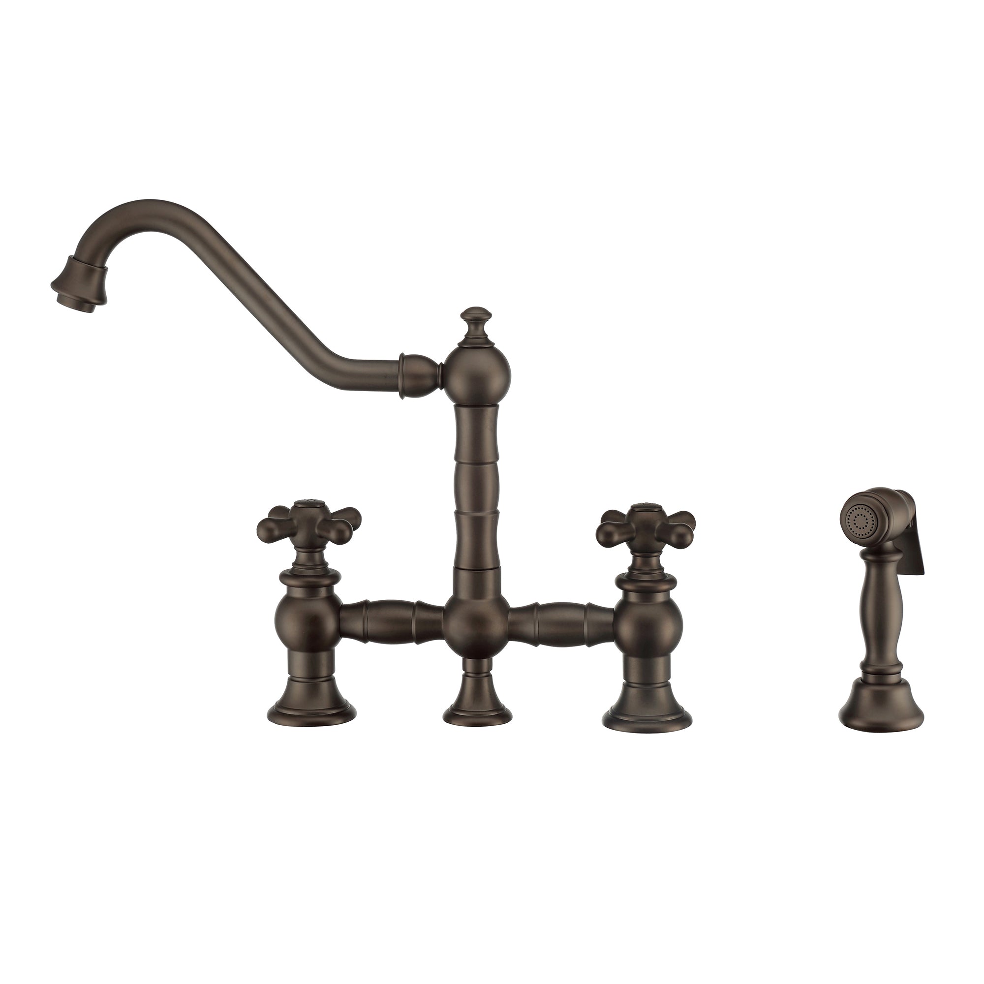 Bridge Faucet with Long Traditional Swivel Spout, Cross Handles and Solid Brass Side Spray
