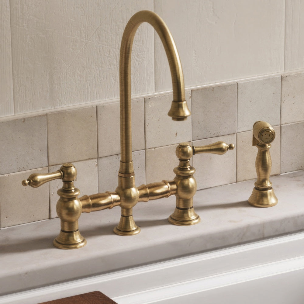 Bridge Faucet with Long Gooseneck Swivel Spout, Lever Handles and Solid Brass Side Spray