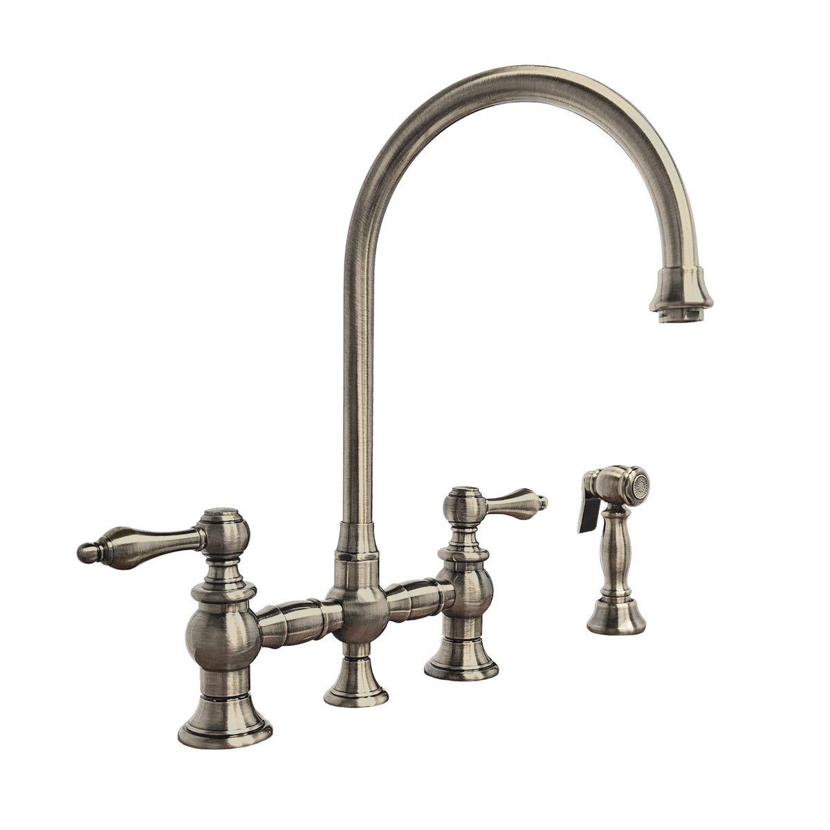 Bridge Faucet with Long Gooseneck Swivel Spout, Lever Handles and Solid Brass Side Spray