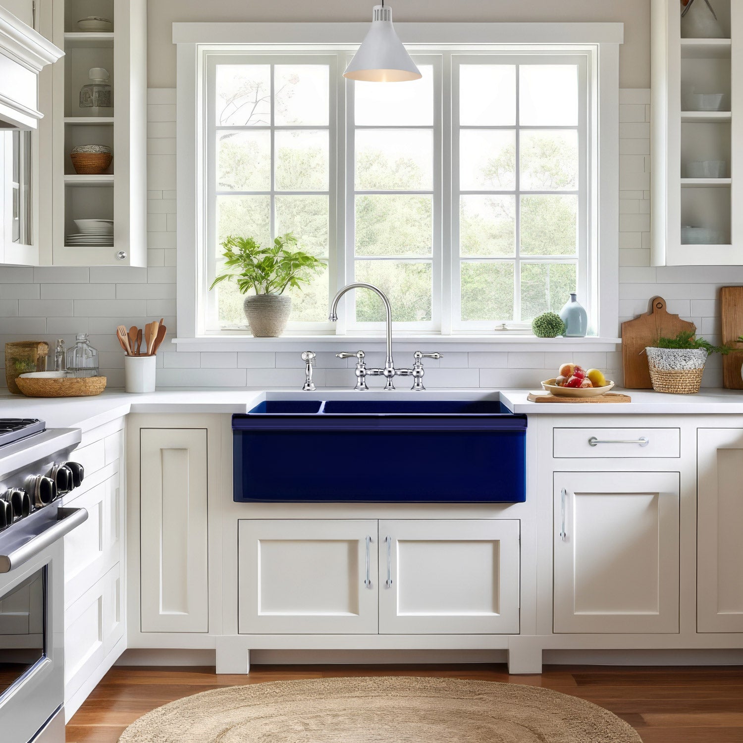 Bridge Faucet with Long Gooseneck Swivel Spout, Lever Handles and Solid Brass Side Spray