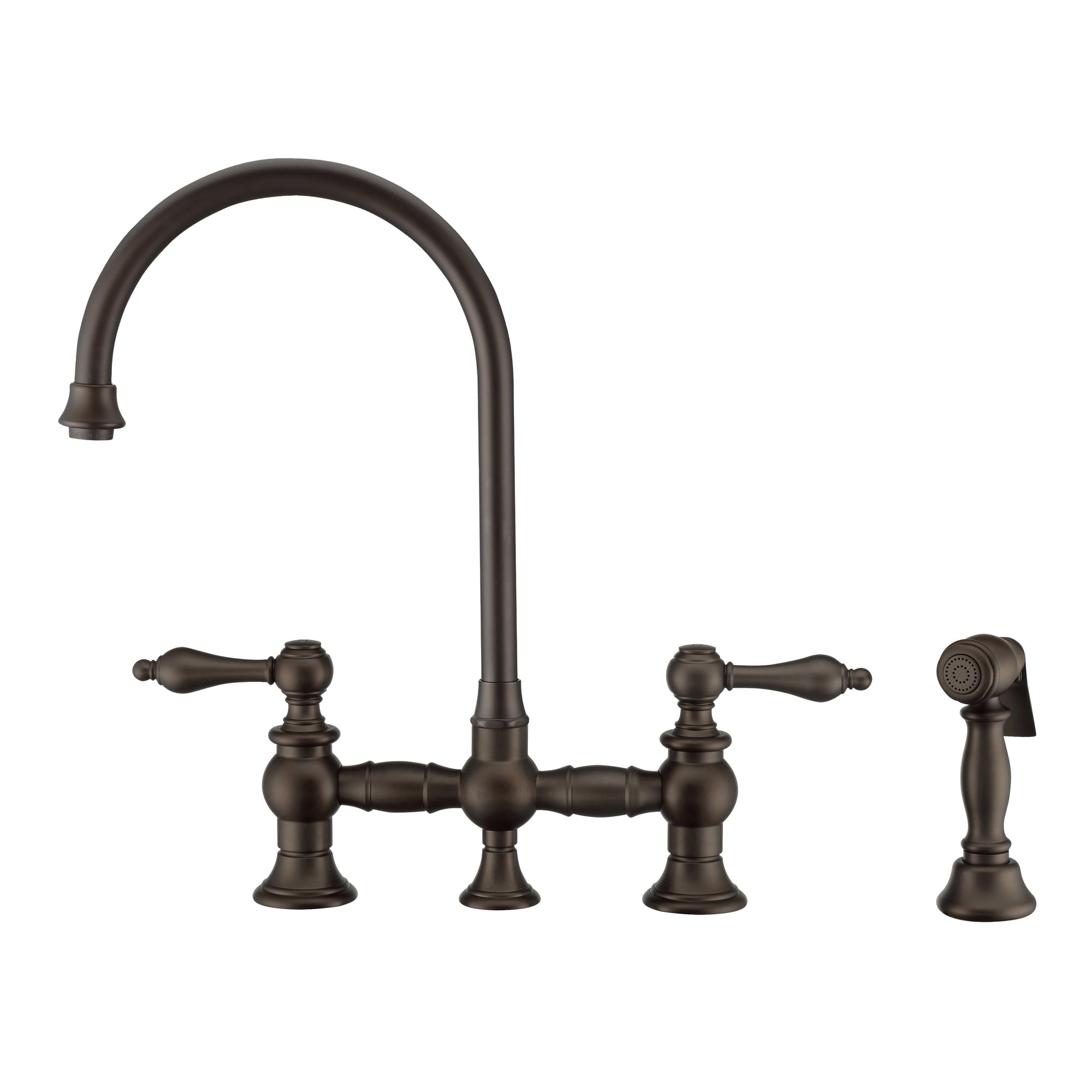 Bridge Faucet with Long Gooseneck Swivel Spout, Lever Handles and Solid Brass Side Spray
