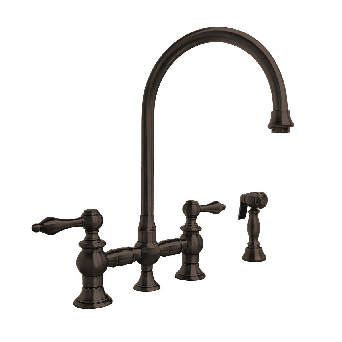 Bridge Faucet with Long Gooseneck Swivel Spout, Lever Handles and Solid Brass Side Spray