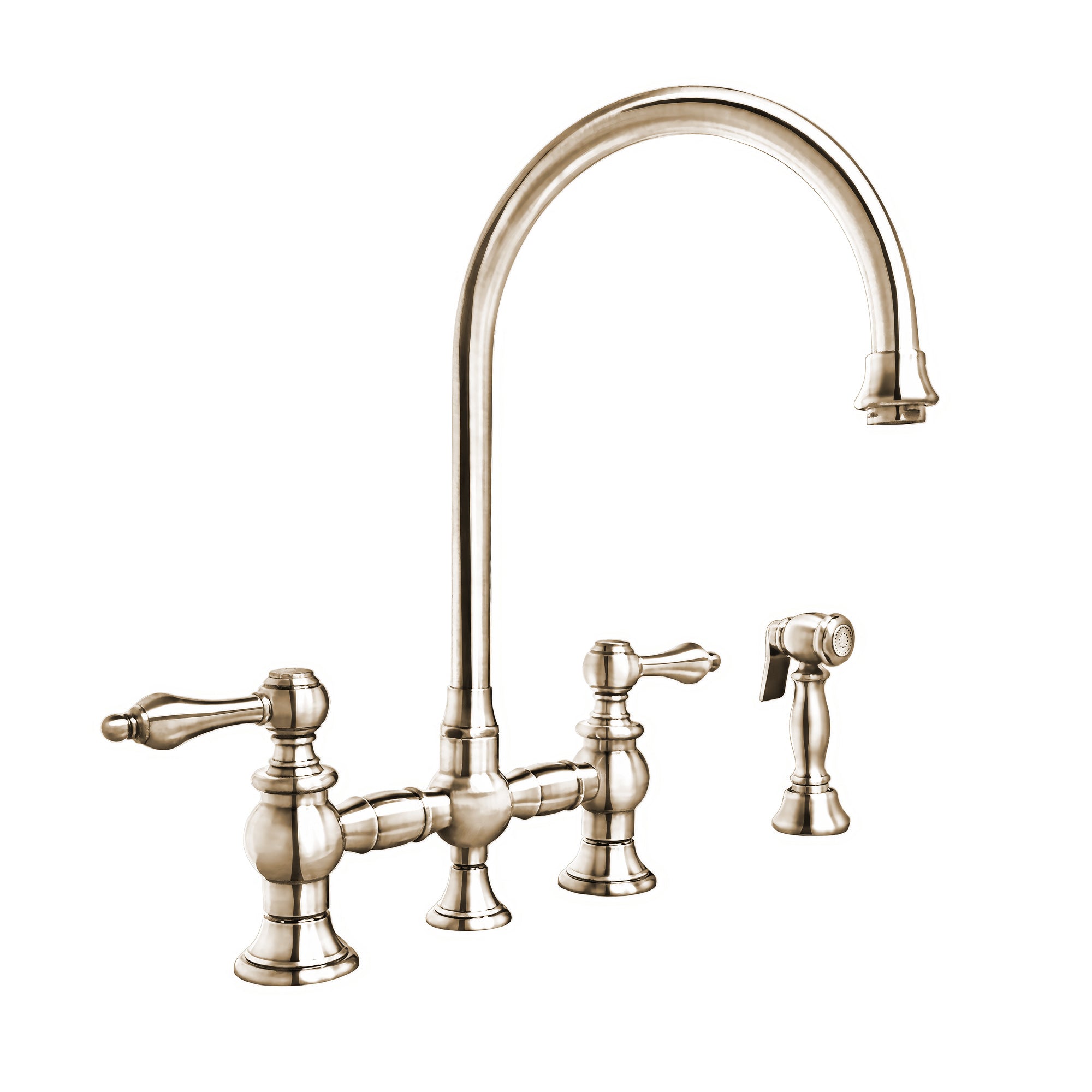 Bridge Faucet with Long Gooseneck Swivel Spout, Lever Handles and Solid Brass Side Spray