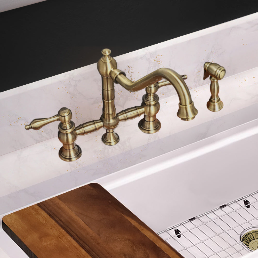 Bridge Faucet with Long Traditional Swivel Spout, Lever Handles