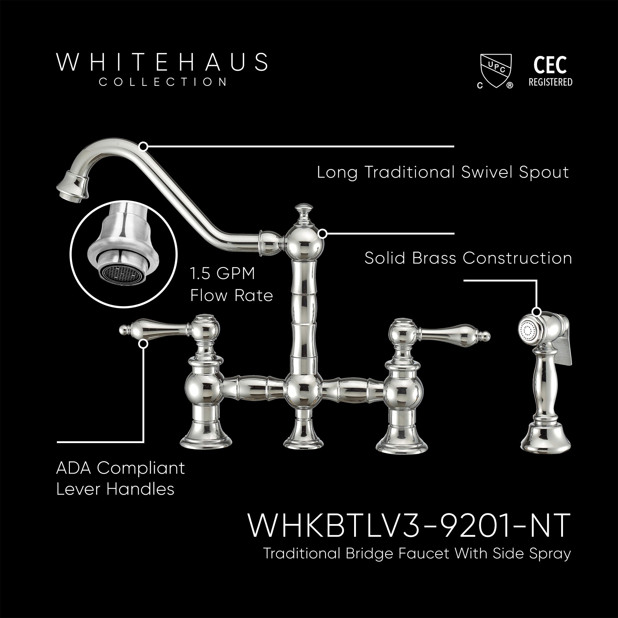 Bridge Faucet with Long Traditional Swivel Spout, Lever Handles and Solid Brass Side Spray