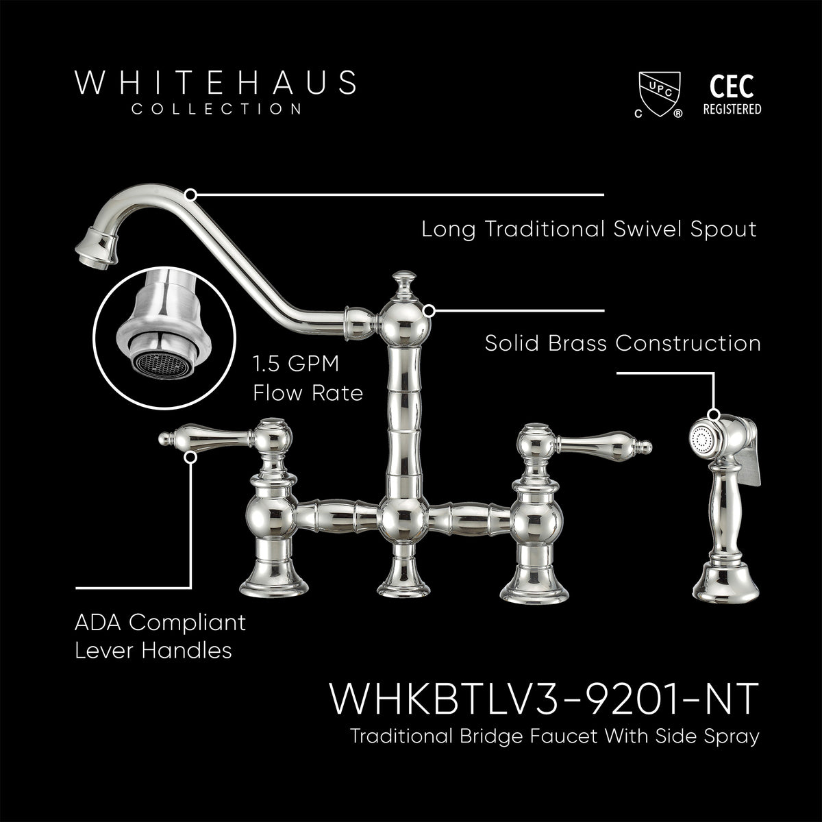 Bridge Faucet with Long Traditional Swivel Spout, Lever